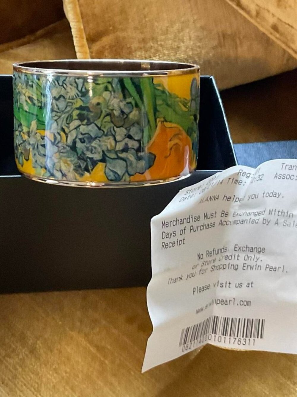 Erwin Pearl 22K Gold-Plated Van Gogh "Irises" Enamel Cuff Bracelet – New w/Box - Picture 2 of 7